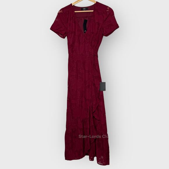 Lulus XS Burgundy Floral Midi Wrap Dress V-Neck Short Sleeve Romantic Occasion - Picture 1 of 10